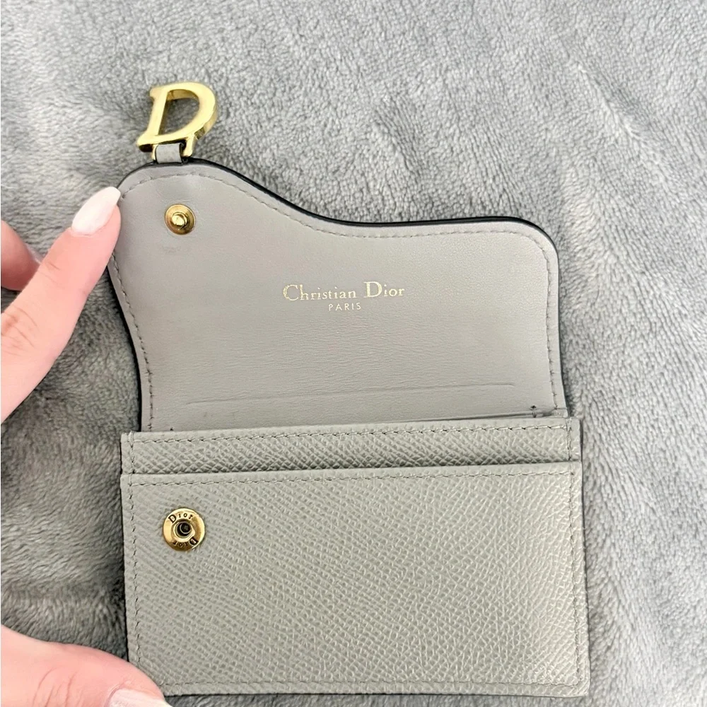 Dior Saddle Flap Card Holder Grained Calfskin Gray